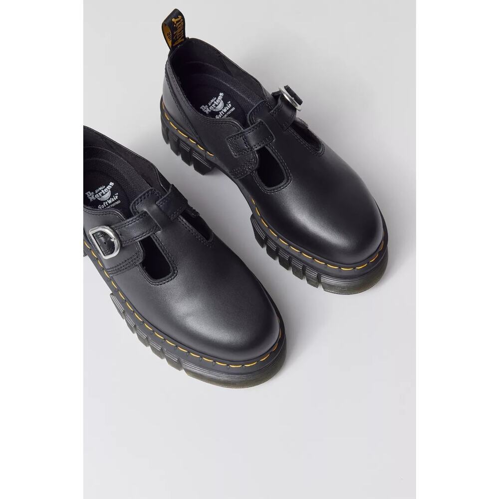 Dr. Martens Black Mary Jane Leather Flats with Yellow Stitching